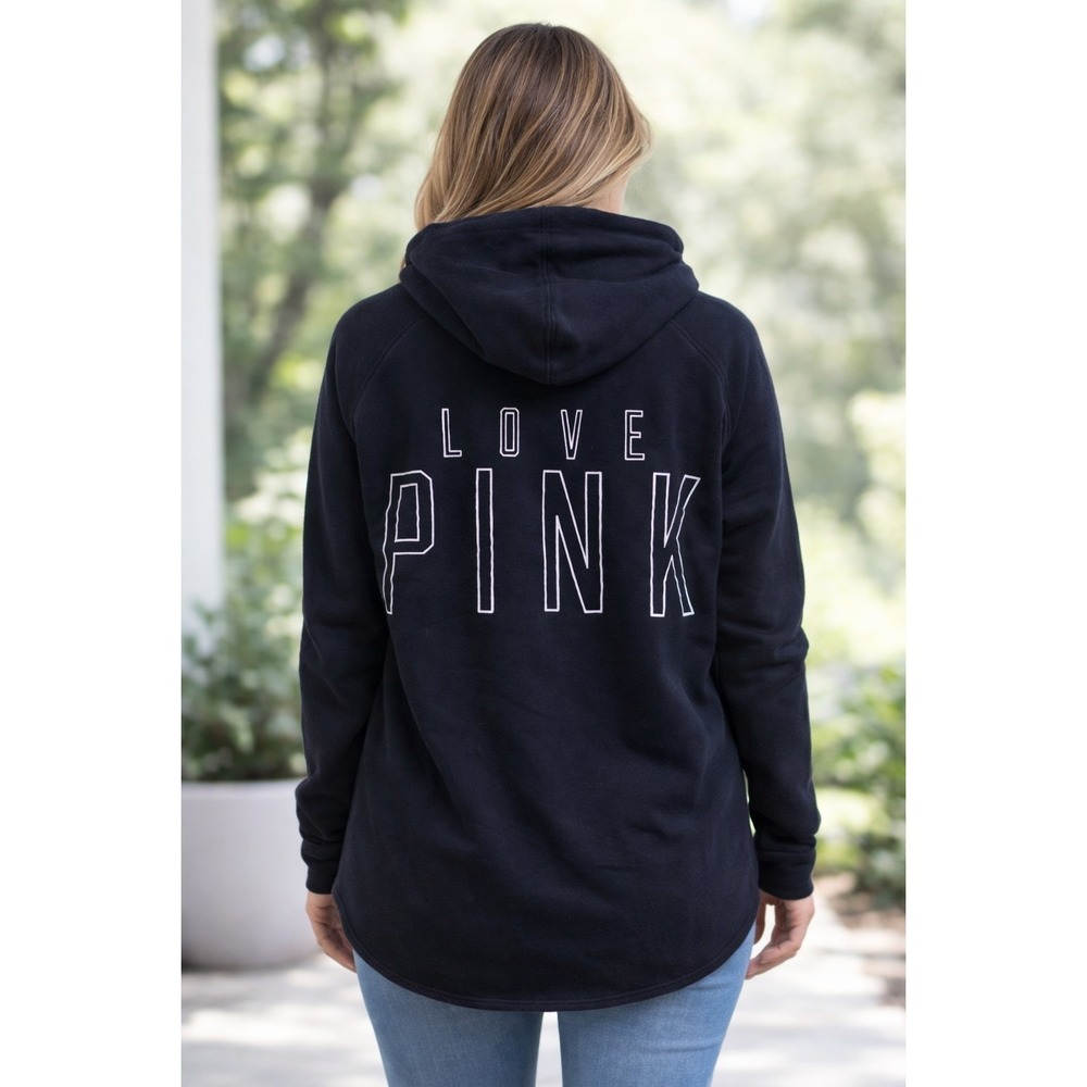 Victorias Secret PINK Womens Deep V-Neck Love Pink Tunic Hoodie Small Black Y2K